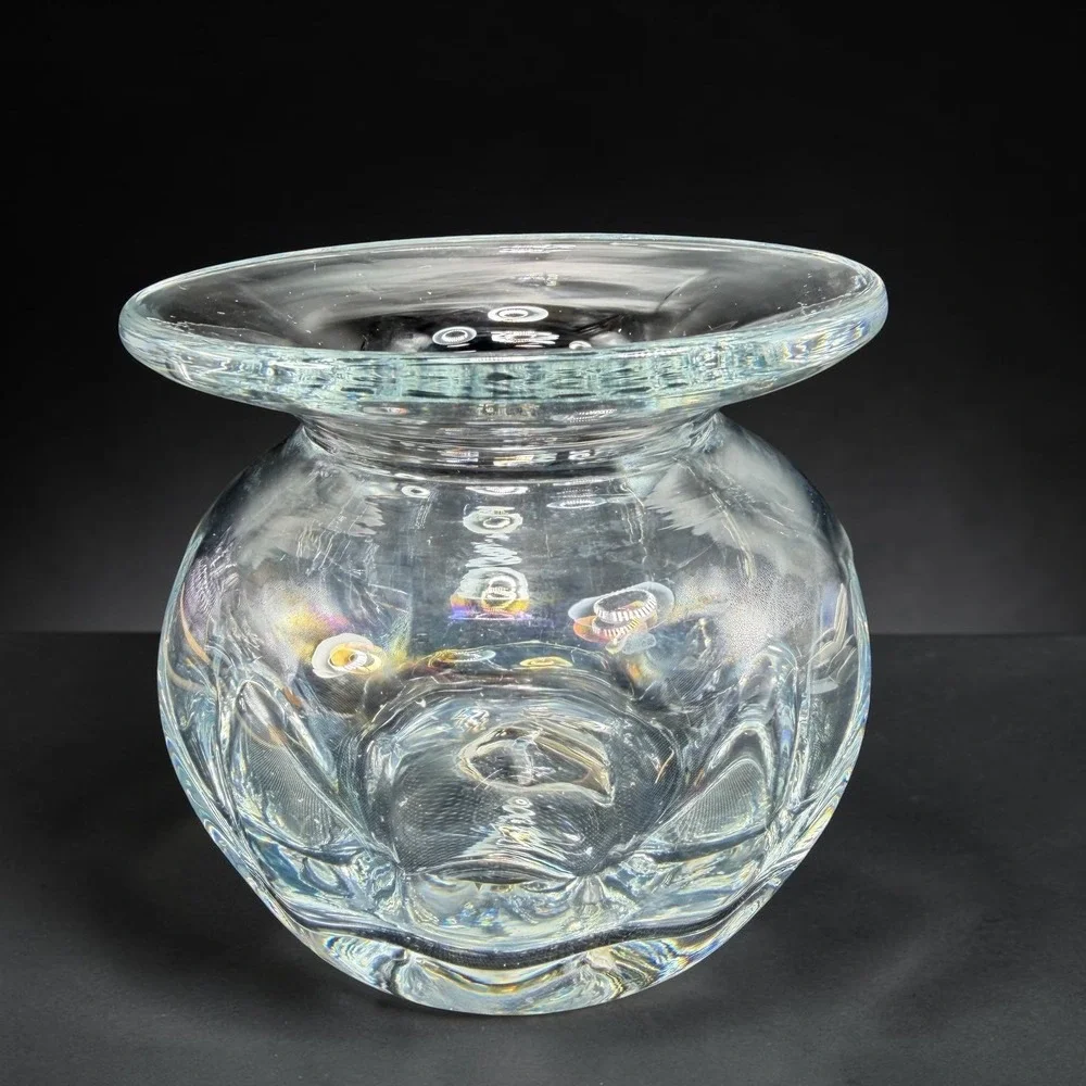 Blenko Clear Optic Glass Rose Bowl Vase Hand Blown Flared Rim Heavy Glass 4 Inch